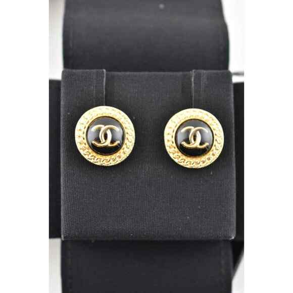Chanel 21S Gold Black Chain Link CC Logo Large Dangle Statement Stud Earrings - Picture 3 of 12